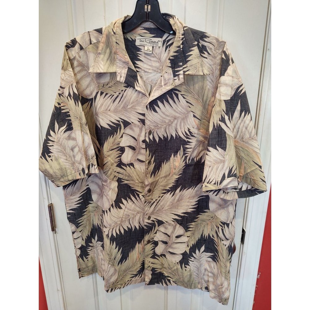 Tori Richard Mens Hawaiian Shirt L Floral Cotton Lawn Aloha Brown Pearl Button